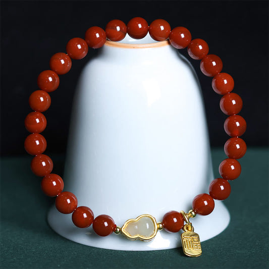 Buddha Stones Natural South Red Agate Hetian Jade Gourd Positive Bracelet