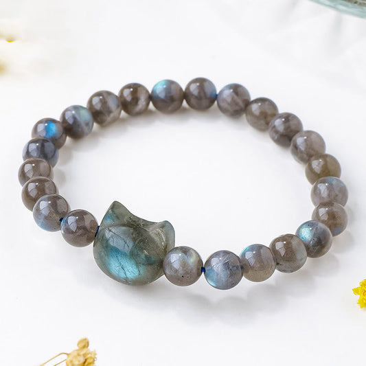 Buddha Stones Natural Labradorite Cute Cat Head Healing Change Bracelet