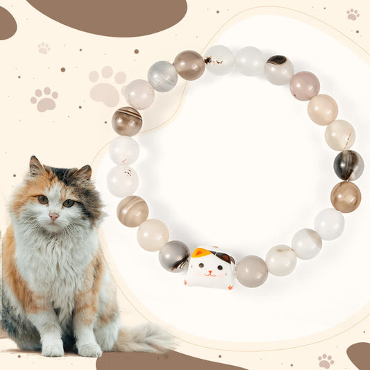 Buddha Stones Calico Cat Natural Agate Stone Ceramic Kitten Head Power Bracelet