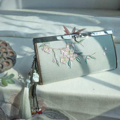 Buddha Stones Flower Plum Peach Blossom Bamboo Double-sided Embroidery Large Capacity Cash Holder Wallet Shopping Purse