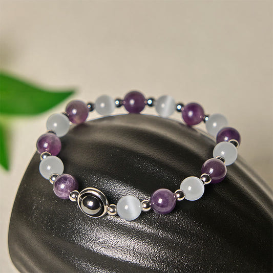 Buddha Stones Natural Amethyst White Cat's Eye Beads Balance Bracelet