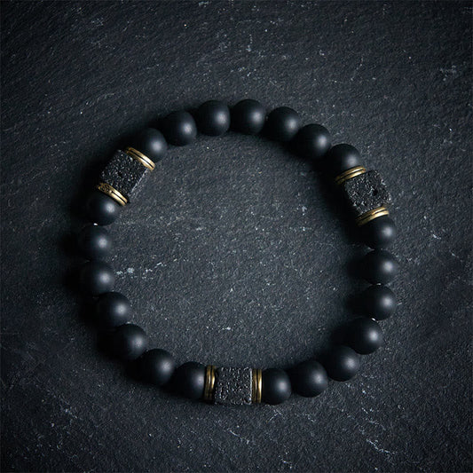 Buddha Stones Natural Frosted Black Onyx Square Lava Rock Fortune Bracelet