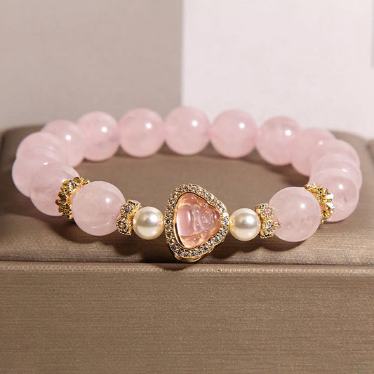 Buddha Stones Natural Buddha Symbol Pink Crystal Pearl Warmth Bracelet