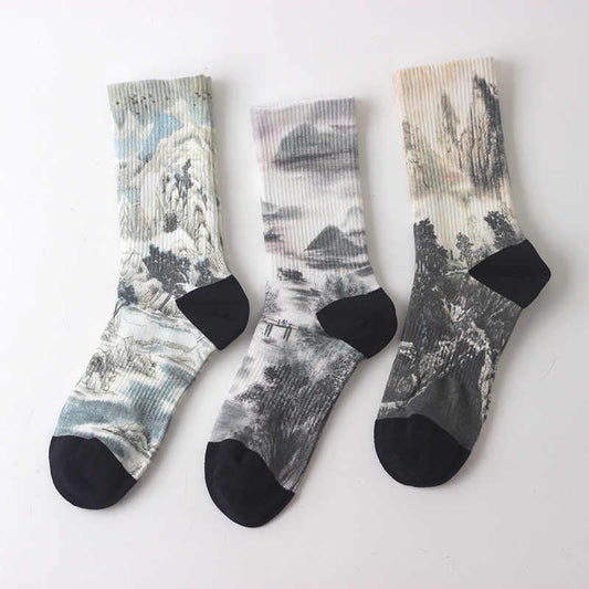 Buddha Stones Chinese Ink Painting Landscape Pattern Micro Crew Three Pairs Men Women Unisex Socks
