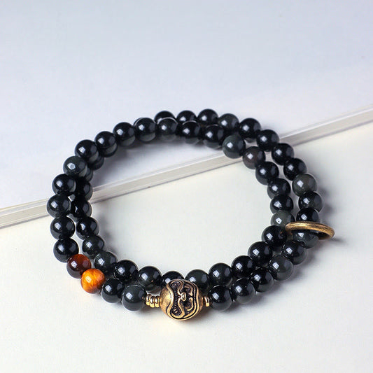 Buddha Stones Tibetan Black Obsidian Tiger Eye Copper Double Wrap Strength Bracelet