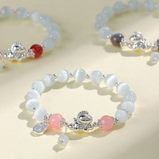 Buddha Stones Natural Cat's Eye Rose Quartz Crystal Year of the Horse Fu Character Love Bracelet