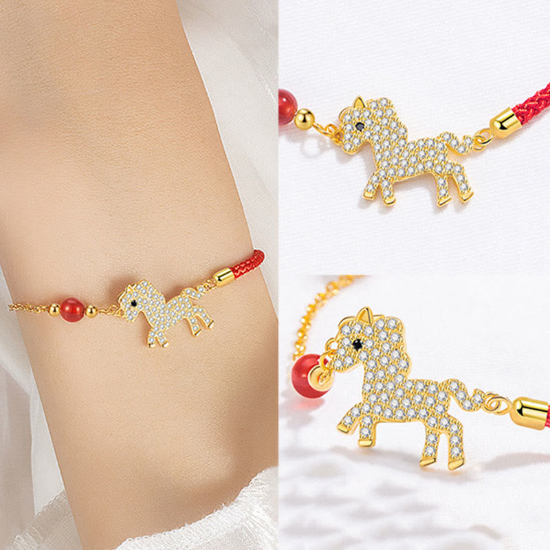 Buddha Stones 925 Sterling Silver Plated 18k Gold Year Of The Horse Red String Strength Bracelet