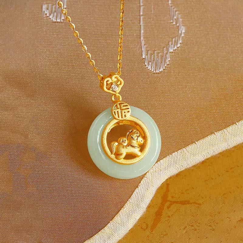 Buddha Stones 925 Sterling Silver Year Of The Horse Hetian Jade Peace Buckle Luck Necklace Pendant