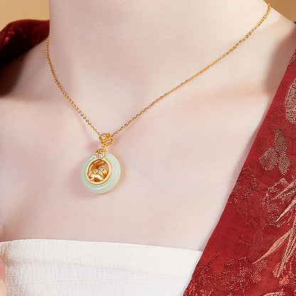 Buddha Stones 925 Sterling Silver Year Of The Horse Hetian Jade Peace Buckle Luck Necklace Pendant