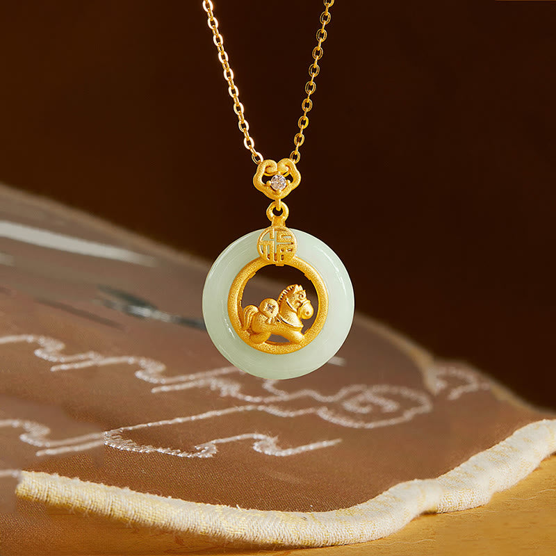 Buddha Stones 925 Sterling Silver Year Of The Horse Hetian Jade Peace Buckle Luck Necklace Pendant