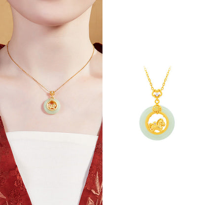 Buddha Stones 925 Sterling Silver Year Of The Horse Hetian Jade Peace Buckle Luck Necklace Pendant