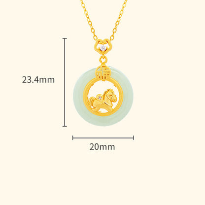 Buddha Stones 925 Sterling Silver Year Of The Horse Hetian Jade Peace Buckle Luck Necklace Pendant