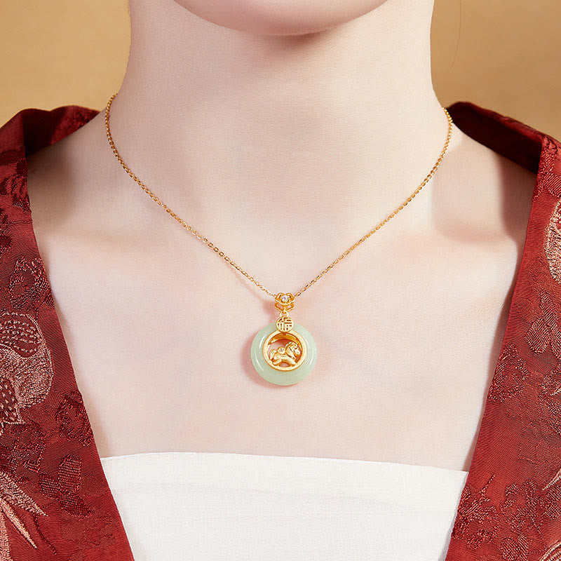 Buddha Stones 925 Sterling Silver Year Of The Horse Hetian Jade Peace Buckle Luck Necklace Pendant