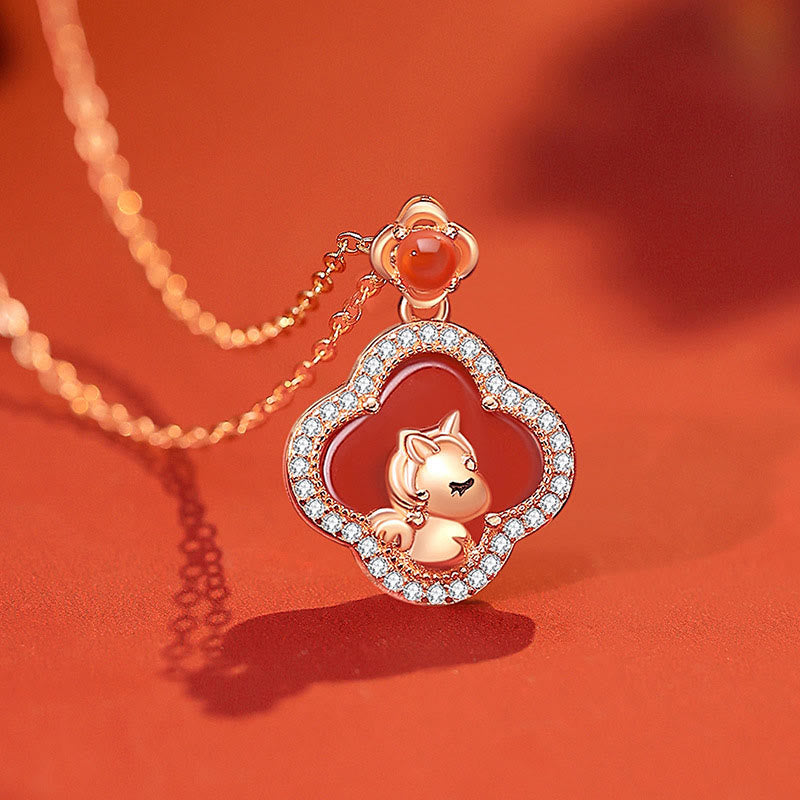 Buddha Stones 925 Sterling Silver Year Of The Horse Four Leaf Clover Red Agate Calm Necklace Pendant