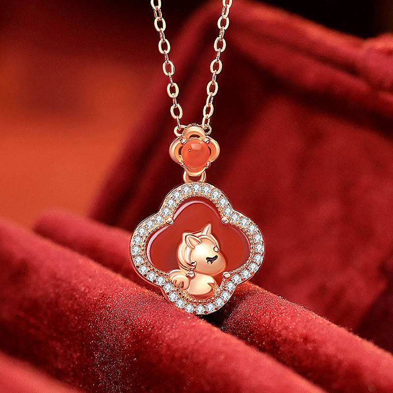 Buddha Stones 925 Sterling Silver Year Of The Horse Four Leaf Clover Red Agate Calm Necklace Pendant