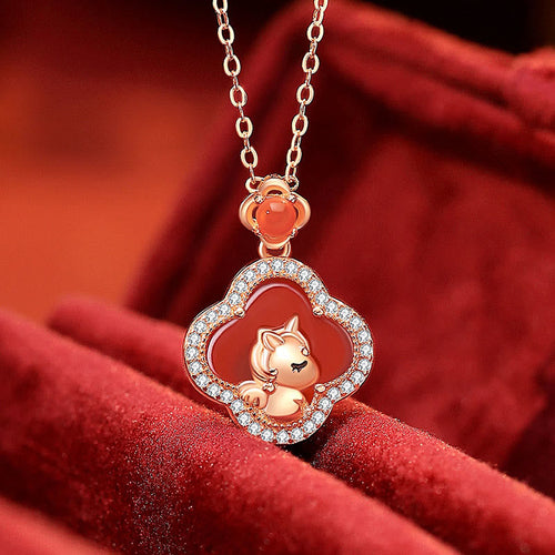 Buddha Stones 925 Sterling Silver Year Of The Horse Four Leaf Clover Red Agate Calm Necklace Pendant