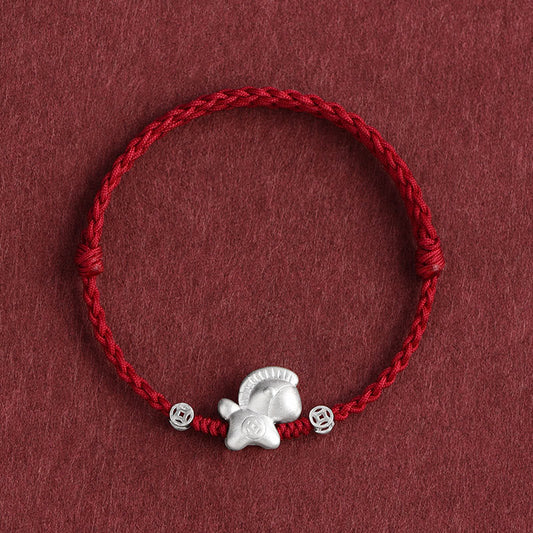 Buddha Stones Year of the Horse 999 Sterling Silver Copper Coins Luck Rope Braided Bracelet Anklet