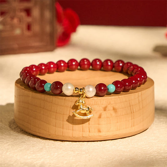 Buddha Stones Year of the Horse Natural Cinnabar Pearl Blessing Bracelet