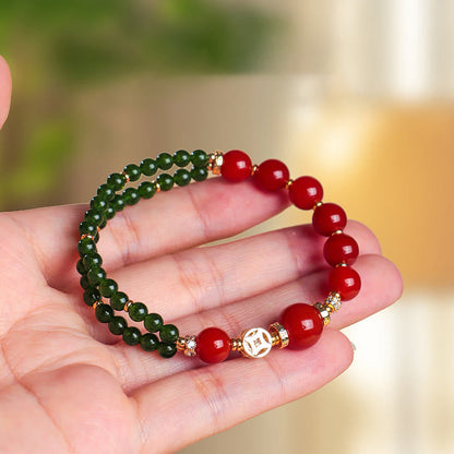 Buddha Stones Natural Red Agate Double Wrap Design Green Chalcedony Calm Bracelet