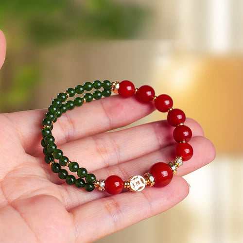 Buddha Stones Natural Red Agate Double Wrap Design Green Chalcedony Calm Bracelet