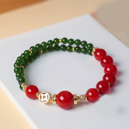Buddha Stones Natural Red Agate Double Wrap Design Green Chalcedony Calm Bracelet