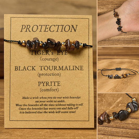 Buddha Stones Tiger Eye Black Tourmaline Pyrite Protection Card Rope Bracelet