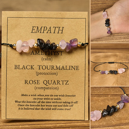 Buddha Stones Amethyst Black Tourmaline Rose Quartz Empath Card Rope Bracelet