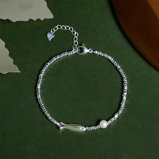 Buddha Stones Copper Plated Silver Koi Fish Pearl Luck Bracelet