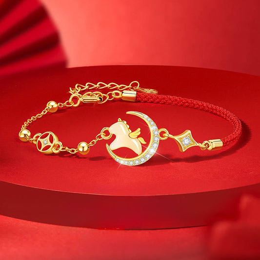 Buddha Stones Hetian Jade Year Of The Horse 925 Sterling Silver Zircon Abundance Red Rope Bracelet