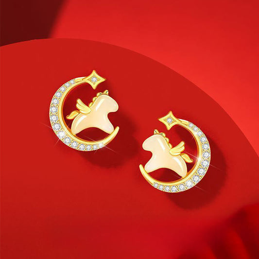 Buddha Stones Year Of The Horse Hetian Jade 925 Sterling Silver Moon Zircon Abundance Earrings