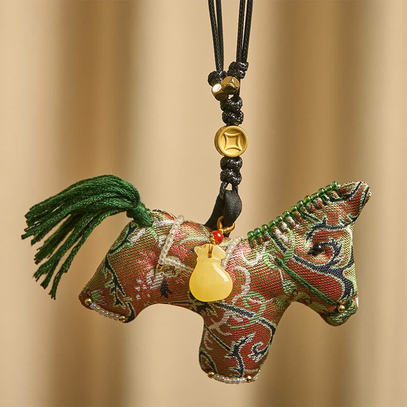 Buddha Stones Year of the Horse Shu Brocade Silk Curly Grass Pomegranate Pattern Hanging Decoration