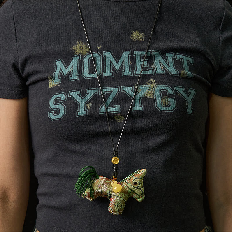 Buddha Stones Year of the Horse Shu Brocade Silk Curly Grass Pomegranate Pattern Hanging Decoration