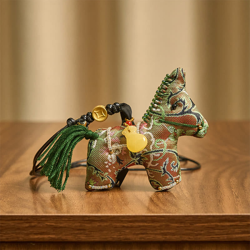 Buddha Stones Year of the Horse Shu Brocade Silk Curly Grass Pomegranate Pattern Hanging Decoration