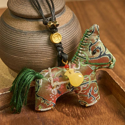 Buddha Stones Year of the Horse Shu Brocade Silk Curly Grass Pomegranate Pattern Hanging Decoration
