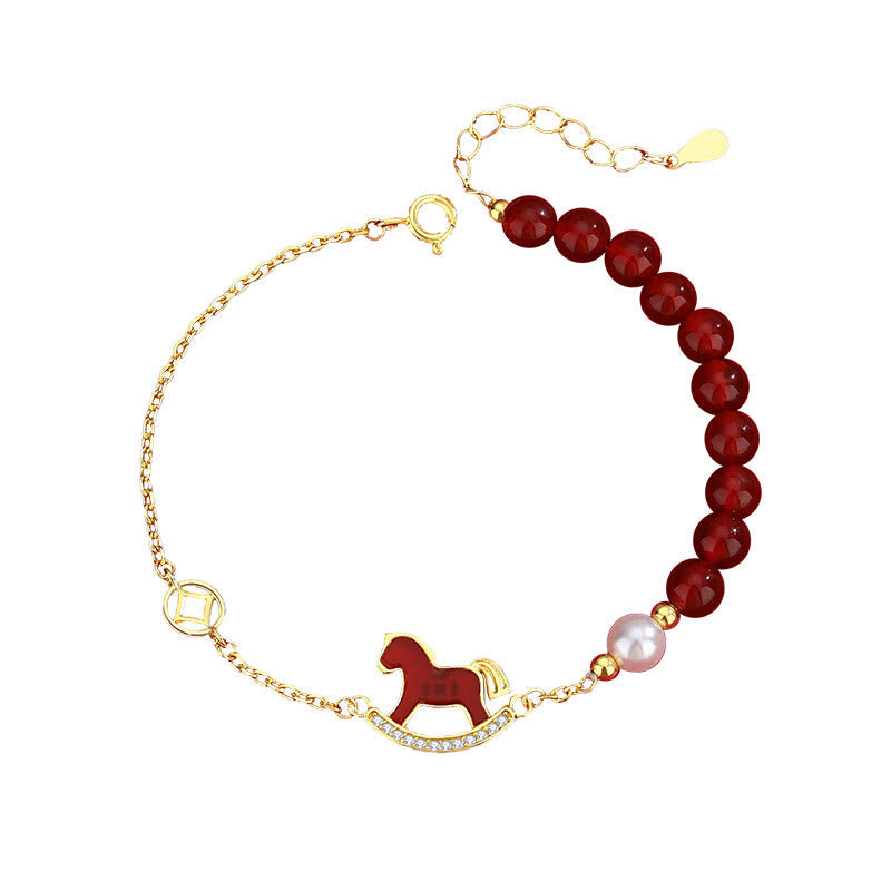 Buddha Stones 925 Sterling Silver Year Of The Horse Charm Red Agate Calm Chain Bracelet