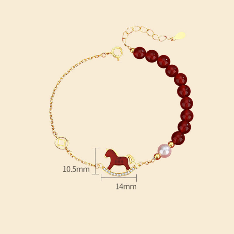 Buddha Stones 925 Sterling Silver Year Of The Horse Charm Red Agate Calm Chain Bracelet