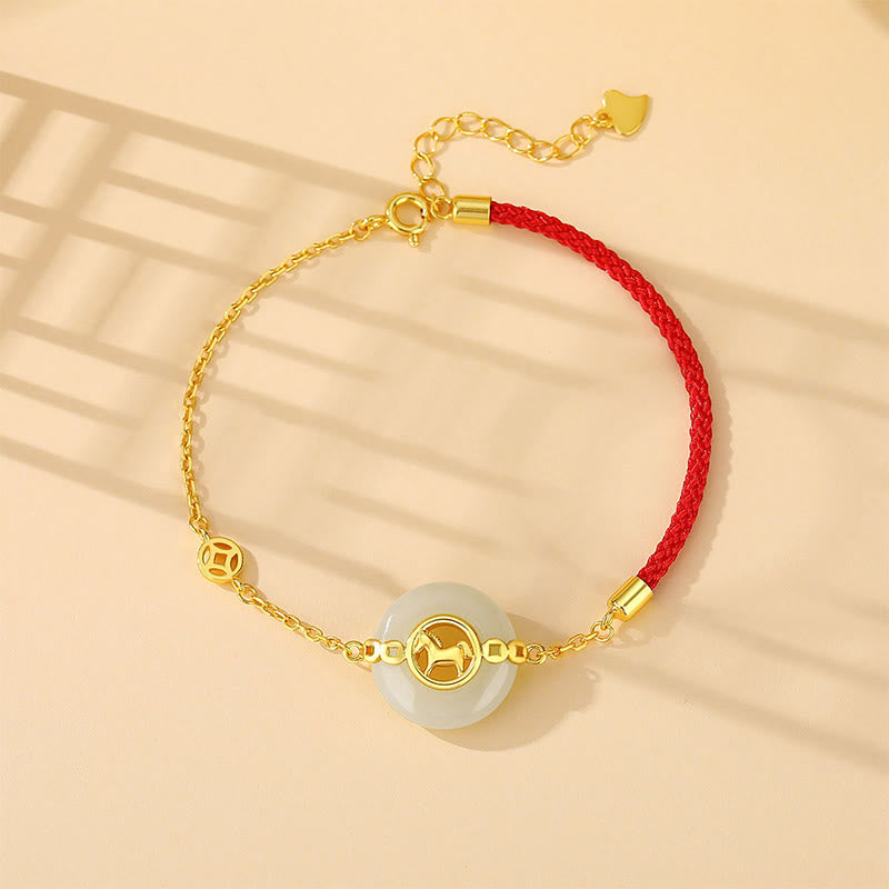 Buddha Stones 925 Sterling Silver Hetian Jade Peace Buckle Year Of The Horse Red String Bracelet