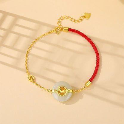 Buddha Stones 925 Sterling Silver Hetian Jade Peace Buckle Year Of The Horse Red String Bracelet