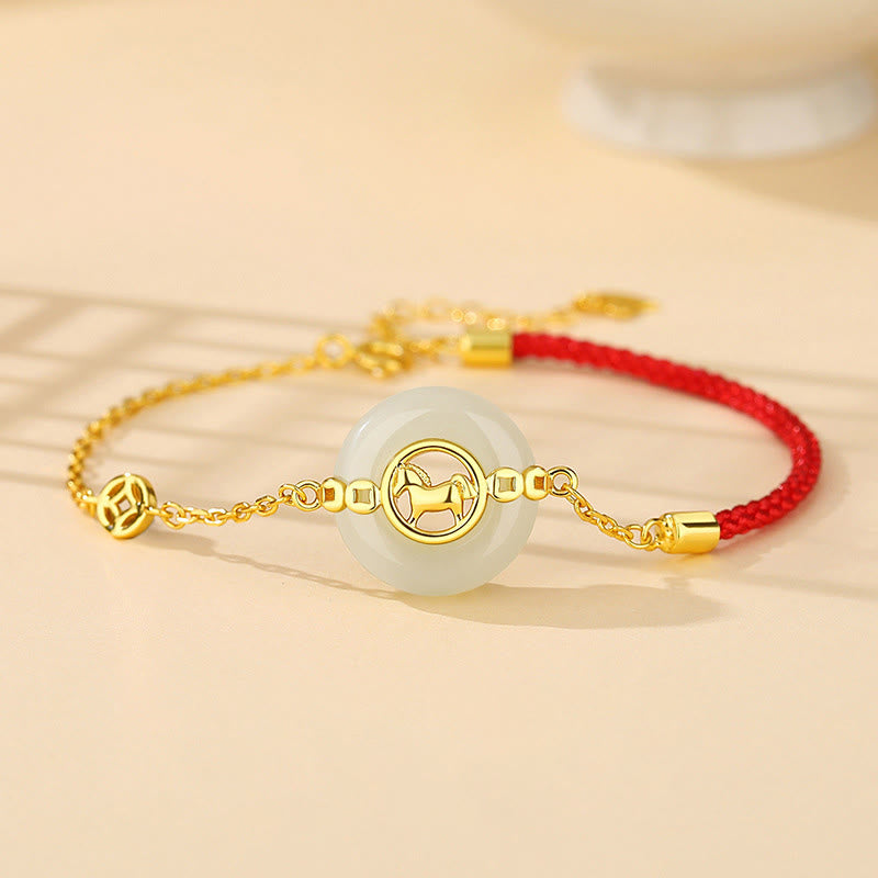 Buddha Stones 925 Sterling Silver Hetian Jade Year Of The Horse Peace Buckle Luck Necklace Pendant