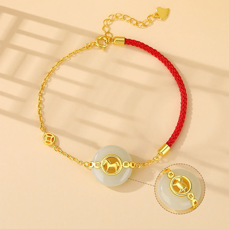 Buddha Stones 925 Sterling Silver Hetian Jade Peace Buckle Year Of The Horse Red String Bracelet