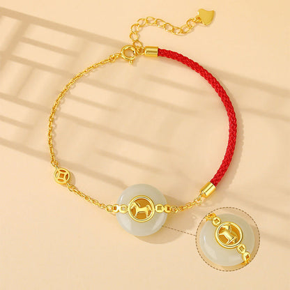 Buddha Stones 925 Sterling Silver Hetian Jade Peace Buckle Year Of The Horse Red String Bracelet