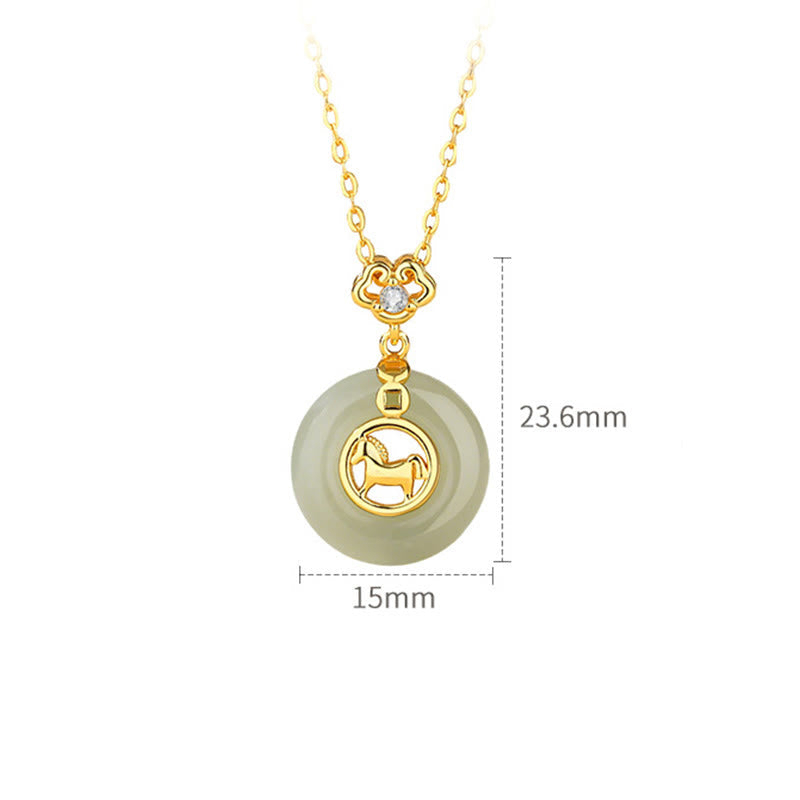 Buddha Stones 925 Sterling Silver Hetian Jade Year Of The Horse Peace Buckle Luck Necklace Pendant