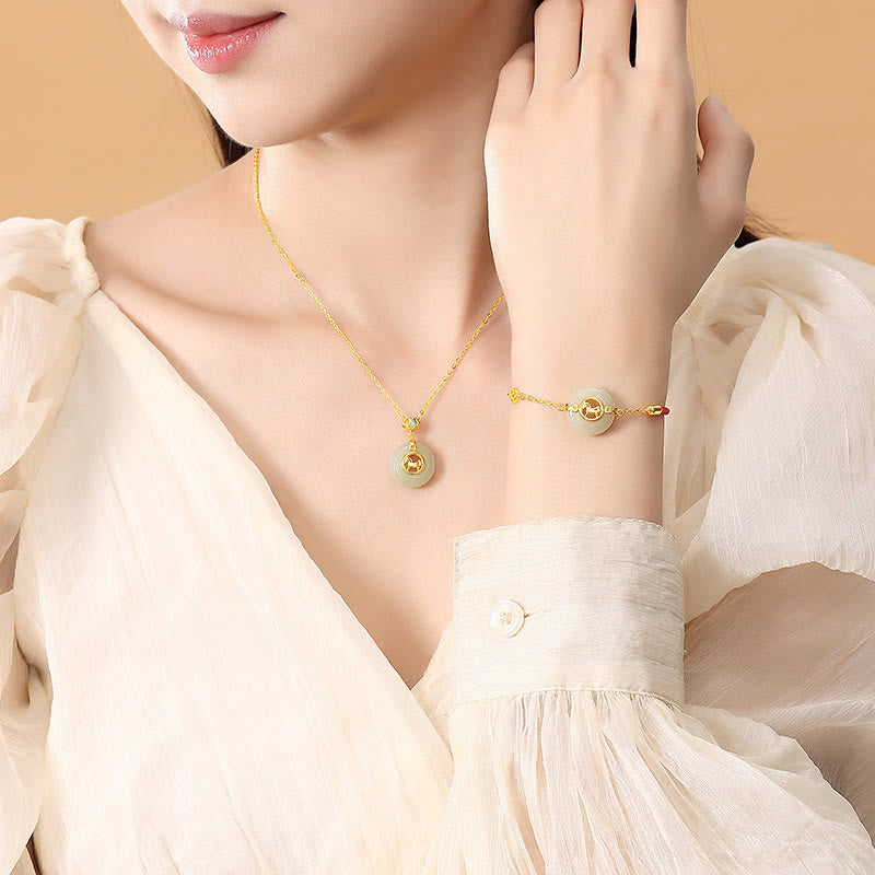 Buddha Stones 925 Sterling Silver Hetian Jade Year Of The Horse Peace Buckle Luck Necklace Pendant