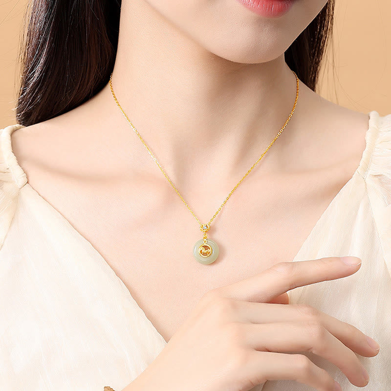 Buddha Stones 925 Sterling Silver Hetian Jade Year Of The Horse Peace Buckle Luck Necklace Pendant