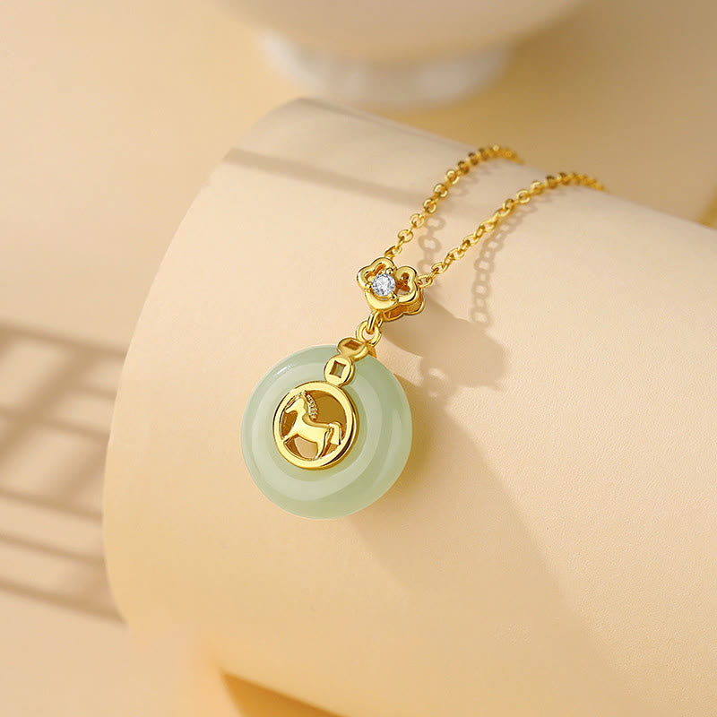 Buddha Stones 925 Sterling Silver Hetian Jade Year Of The Horse Peace Buckle Luck Necklace Pendant