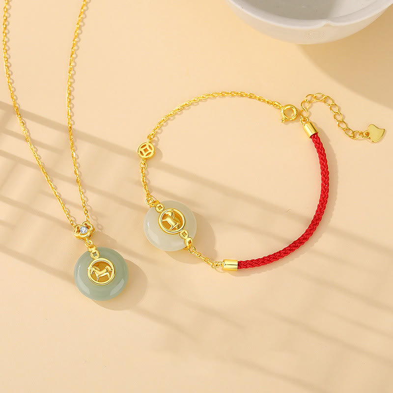 Buddha Stones 925 Sterling Silver Hetian Jade Peace Buckle Year Of The Horse Red String Bracelet