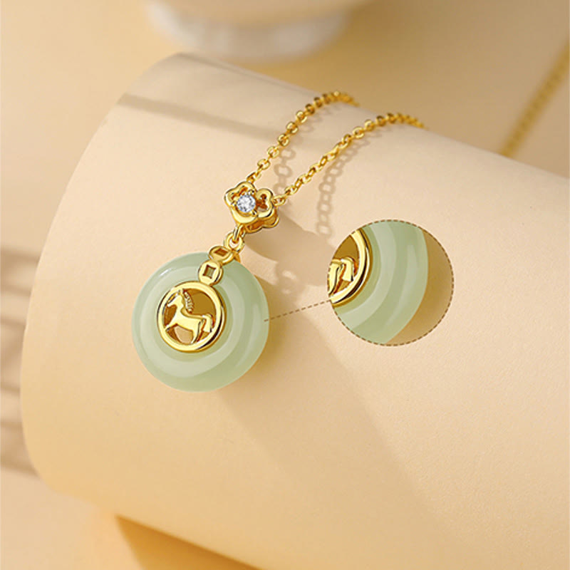 Buddha Stones 925 Sterling Silver Hetian Jade Year Of The Horse Peace Buckle Luck Necklace Pendant