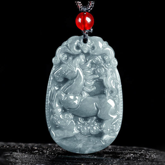 Buddha Stones Chinese Zodiac Jade Year of the Horse Luck Rope Necklace Pendant