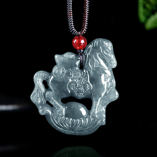 Buddha Stones Year of the Horse Jade Ingot Luck Prosperity Rope Necklace Pendant