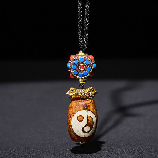 Buddha Stones Tibetan Yin Yang Bagua Design Nine-eye Dzi Agate Blessing Necklace Pendant